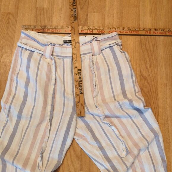 Express Ankle High Rise Pants Womens 6 Striped Linen Blend Tie Waist Belt Beachy - Picture 3 of 8